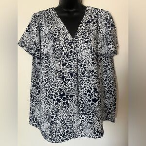 Hilary Radley Navy Blue and White Animal Print Blouse